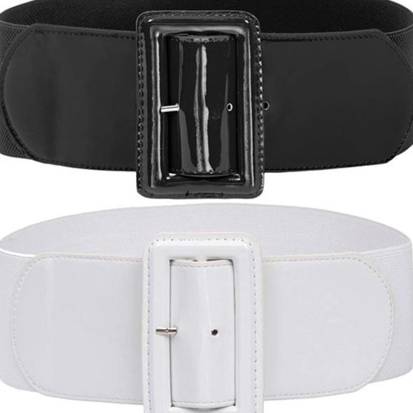 Women\'s Stretchy Belt 1950s 3 Inch Wide Elastic Belts, Black & White main image 4